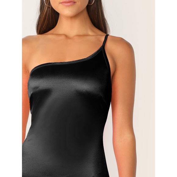 Black One Shoulder Satin Bodycon Sexy Party Dress - Picture 4 of 6